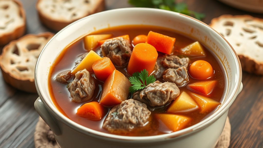 Hearty Pork Stew Recipe A bowl of pork stew with carrots and potatoes, garnished with parsley, on a rustic table with bread.